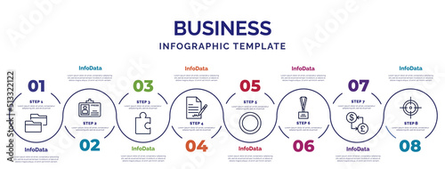 infographic template with icons and 8 options or steps. infographic for business concept. included two folders, puzzle game piece, , full circle, lanyard, currencies, target icons.
