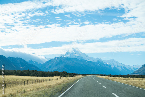 View of hills or mountain with the road in New Zealand, travel concept