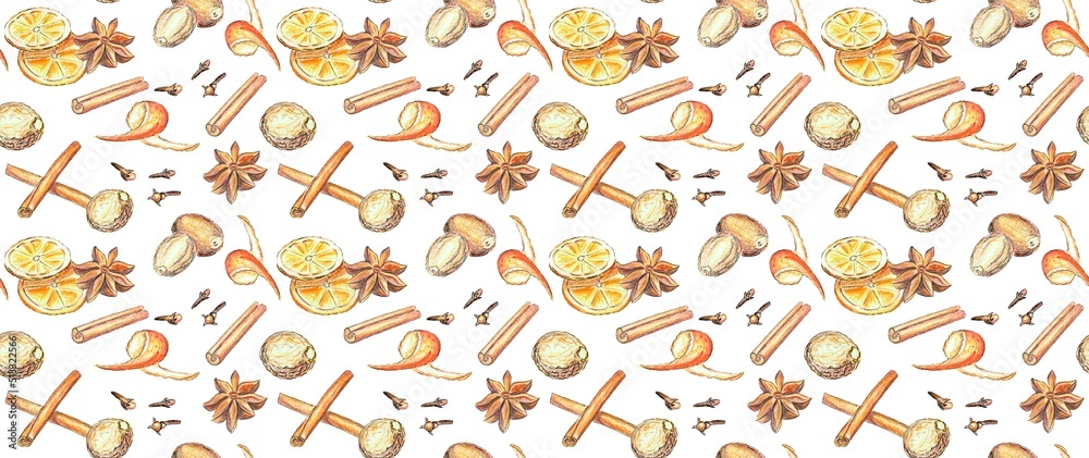 Seamless pattern with ingredients for mulled wine. Vector illustration of orage, cinnamon, anice Seamless pattern with ingredients for mulled wine. Vector illustration of orage, cinnamon, anice