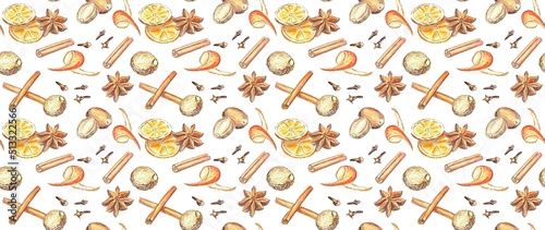 Seamless pattern with ingredients for mulled wine. Vector illustration of orage, cinnamon, anice © Oksana