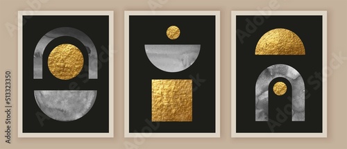 ПечатьElegant abstract watercolor wall art triptych. Composition in black, white, grey, gold. Modern design for print, card, cover, poster.