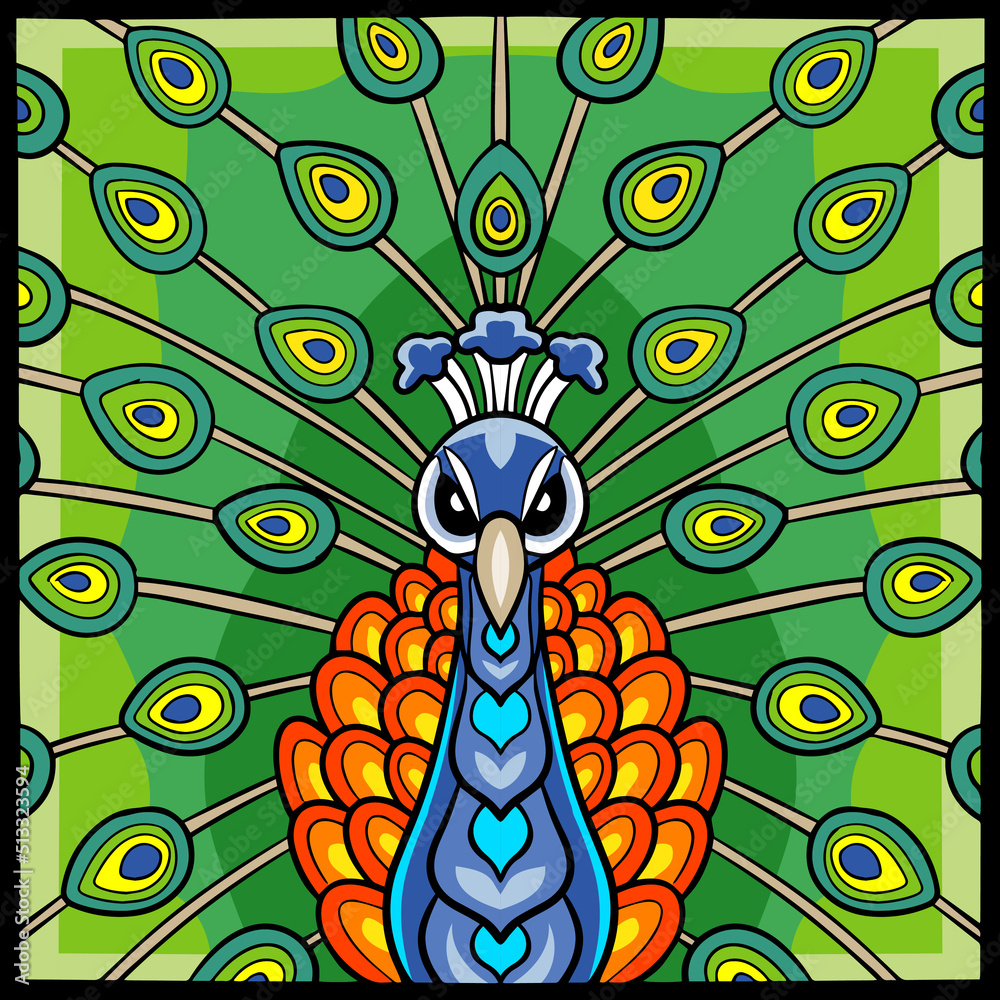 Colorful peacock bird zentangle arts. isolated on black background Colorful peacock bird zentangle arts. isolated on black background