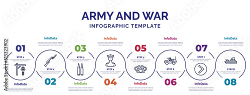 infographic template with icons and 8 options or steps. infographic for army and war concept. included torture, two bullets, officer, knuckle, armored vehicle, chevron, militar ship icons.