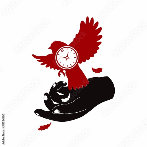 Vector illustration. The bird takes off from the open palm. Clock on a bird, open wings, flying feathers. Concept, tattoo. Isolated on white background.