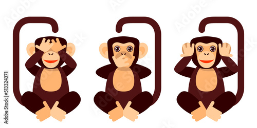 Hear no evil, speak no evil, see no evil. Three cute monkeys covering their eyes, ears and mouth. Sitting chimpanzees. Vector illustration in a flat geometric style