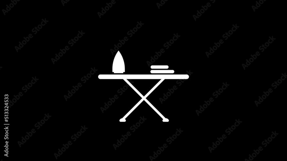 White picture of ironing board on a black background. clothing care. Distortion liquid style transition icon for your project. 4K video animation for motion graphics and compositing.