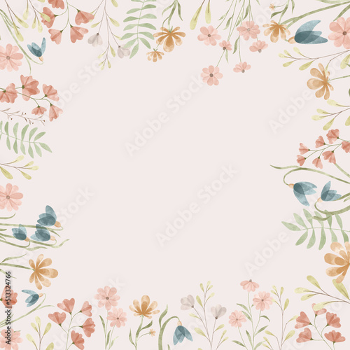 Floral Frame isolated on the beige background. Cute watercolor floral wreath perfect for wedding invitations and greeting cards.