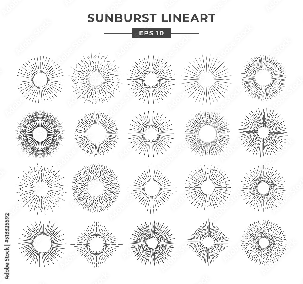 Collection vector hand drawn sunburst line art eps 10