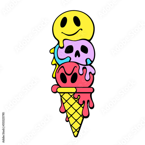 Ice cream character in retro cartoon doodle design. Print for t-shirt, sticker, street wear. Isolated vector illustration. Melting balls in the waffle cone.