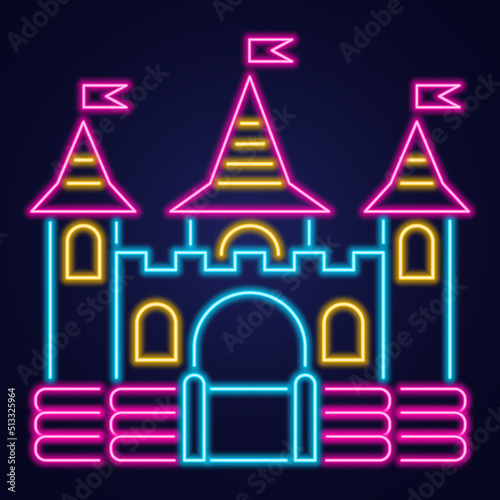 Bouncy castle neon icon. Jumping house on kids playground. Vector illustration.