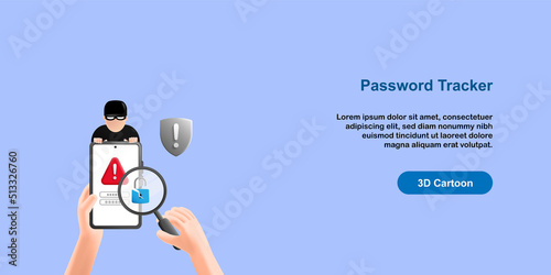 3D cartoon style. Password tracker concept. Men spy, hacker try to breaking phone security, with smartphone, break padlock, magnifier glass, warning sign icon.