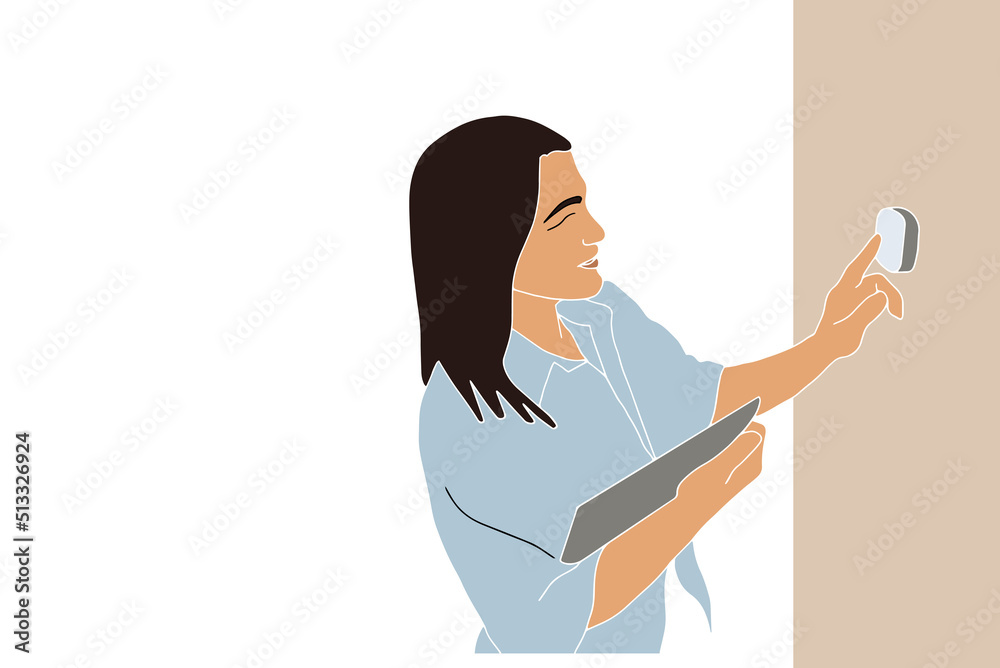 Portrait of woman using smart home device to change temperature. Vector illustration in pastel tones Portrait of woman using smart home device to change temperature. Vector illustration in pastel tones