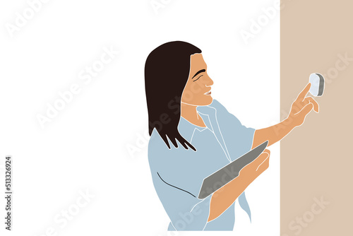 Portrait of woman using smart home device to change temperature. Vector illustration in pastel tones