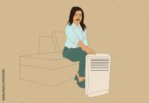 Woman sitting near air purifier and moisturizer appliance near sofa. Health microclimate at home concept. Vector illustration