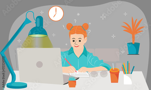 The girl is engaged at home at the computer, online training