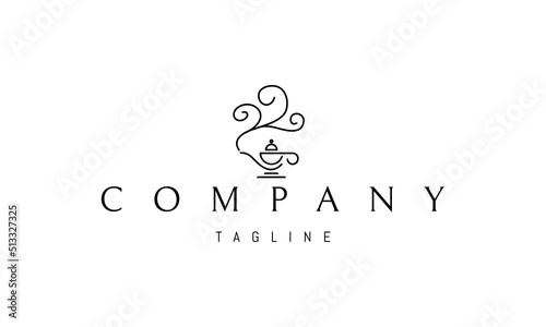 Vector logo on which an abstract image of a magic lamp with a genie.