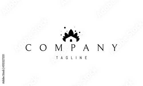 Vector logo on which an abstract image of a house against the backdrop of dense forest thickets.