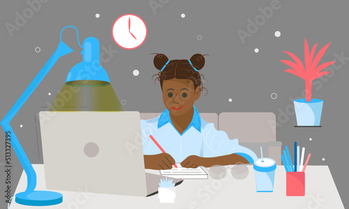 The girl is engaged at home at the computer, online training