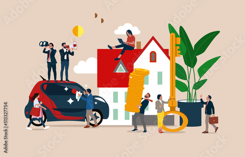 Construction and purchase of housing, arrangement of the street, car in the parking lot next to the house