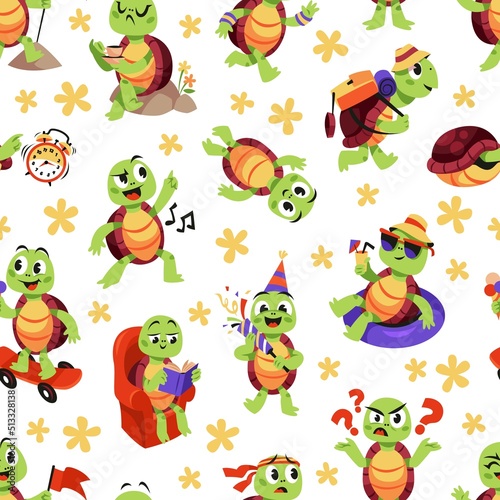 Cartoon turtle seamless pattern. Cute animal mascots, funny character, nursery prints, various actions and emotions, tidy vector background. Decor textile, wrapping paper, childish print