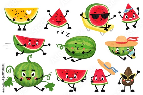 Cartoon watermelon characters. Funny juicy fruit with cute faces, hands and feet, smiling summer berries, happy emotions. Whole, pieces and slices food, mascot recent vector isolated set