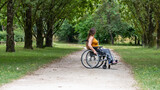 Young woman with long hair, moving in a wheelchair, in profile, in the middle of an alley lined with tall green trees