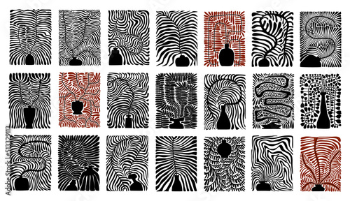 abstract houseplants in pots and vases wall art poster templates graphic set, vector illustration prints collection