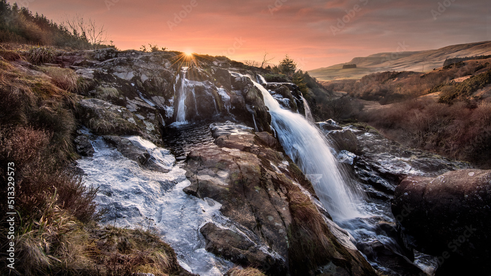 The Loup o Fintry waterfall on the River Endrick is a large 94ft waterfall. It is situated in Stirlingshire and not far from the village of Fintry, Scotland