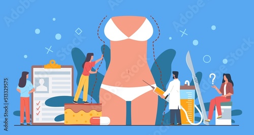 Plastic surgery people. Rejuvenation and liposuction, body improvement, aesthetic medicine, cosmetic correction, injection and procedures, tiny doctor and patient, nowaday vector concept