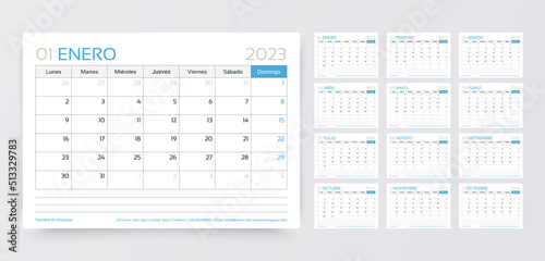 Calendar 2023 year. Spanish planner template. Week starts Monday. Desk schedule grid. Yearly corporate organizer. Calender layout with 12 month. Horizontal monthly diary. Vector simple illustration photo