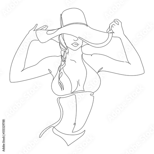 Woman in hat and bikini swimsuit vector one line art. Line illustration.isolated female portrait Line art drawing.Minimal art print.Beauty logo.Beautiful girl on vacation black and white sketch