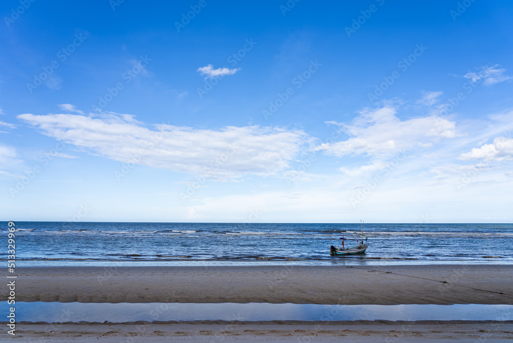 Landscape of Ocean and Blue Sky with Boat in Summer