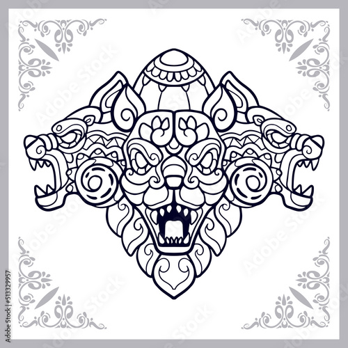 Cerberus head zentangle arts. isolated on white background