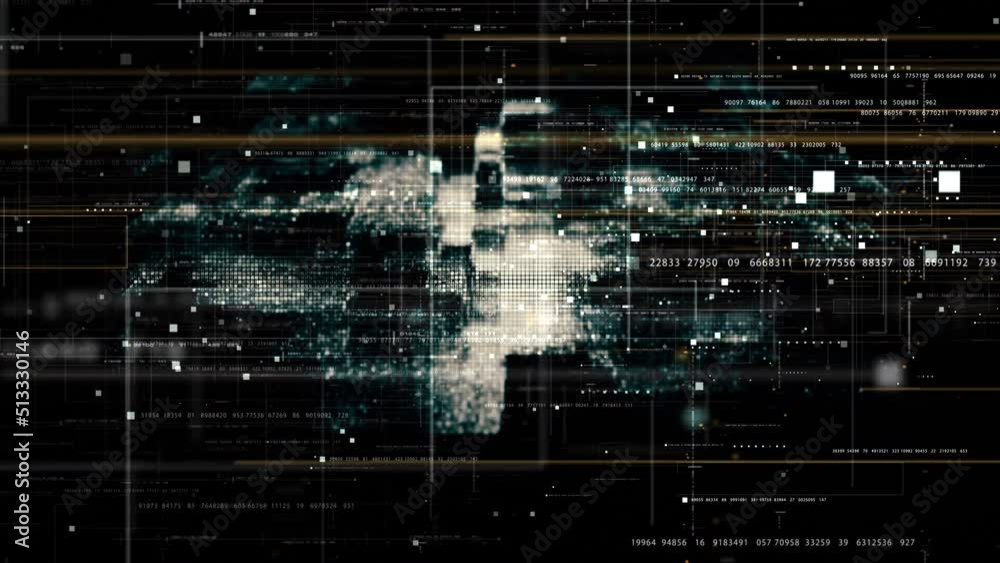 Futuristic abstract de-focus flowing data matrix, meta, metaverse, telemetry and encrypt numbers display with particles simulation in cyber space environment for head up display loop background