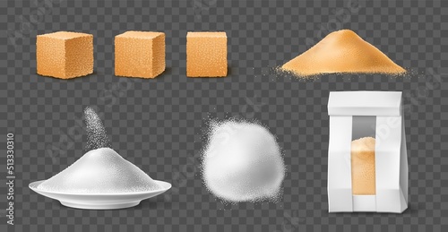 Realistic sugar. Sucrose powder and lumps, brown cane cubes and white flour, sweet ingredient, natural product, glucose and fructose piles, blank package, utter vector set