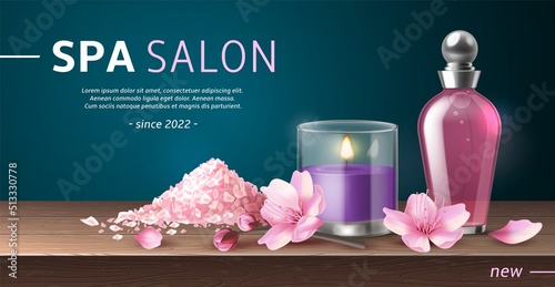 Spa salts poster. Relaxing body procedures, realistic cosmetics bath products, skin care banner, peeling and aromatherapy, candle and bottle of perfume or oil, utter vector concept