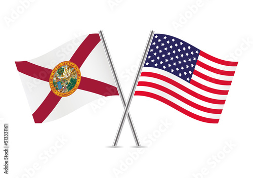 The state of Florida and America crossed flags. Floridian and American flags on white background. Vector icon set. Vector illustration. photo