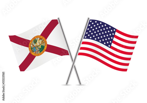The state of Florida and America crossed flags. Floridian and American flags on white background. Vector icon set. Vector illustration.