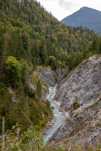 Landscape with river of the Karwendel mountains in Eng, Austria during a hiking tour to the small Ahornboden.