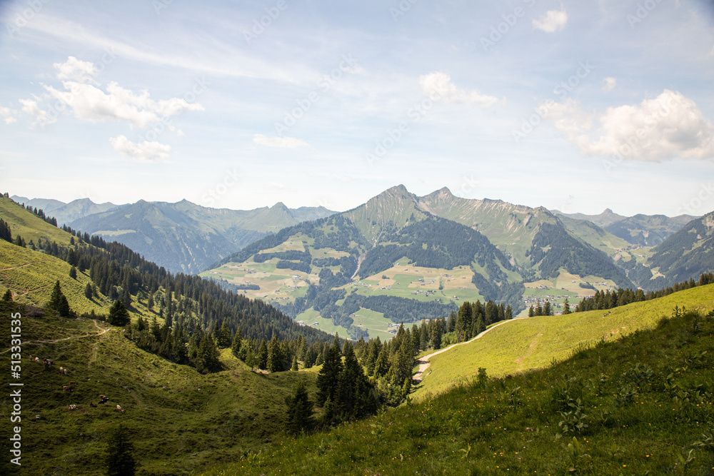 Hiking trail in the European alps, Austrian side. Reachable with the funicular sonntag at Raggal, Austria. Panoramic view of the mountains and the hiking path