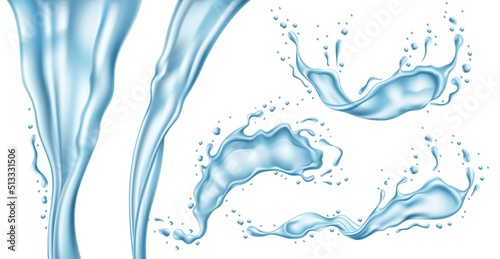 Water splashes. Realistic blue liquid splashes, flying drops and jets, translucent isolated objects, pure and clear aqua, fresh transparent elements, swirl dynamic motion, utter vector set