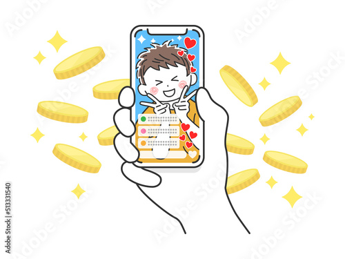 ライブ配信の投げ銭で稼ぐ、ライバー男性のイラスト