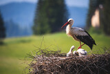 White stork (Ciconia ciconia) with chicks in the nest. Bieszczady Mountains. Poland