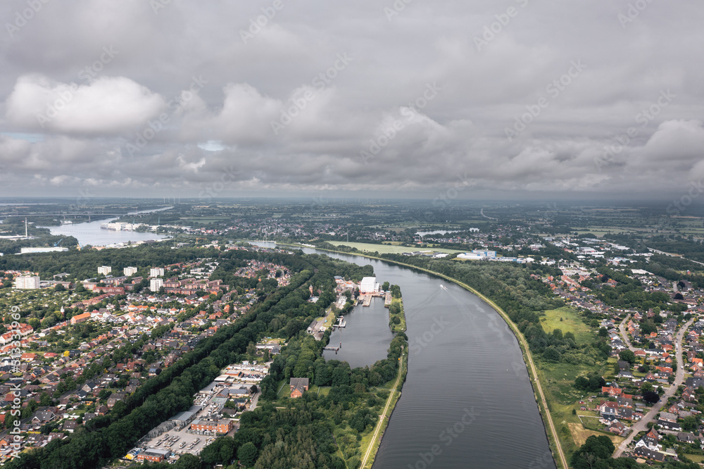 Aerial view over Kiel Canal in Rendsburg, Schleswig-Holstein, Germany