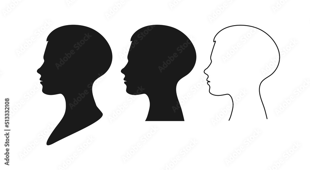 Set of vector solid and contour  silhouettes of beautiful face
boy, woman or child in profile with short hair on an isolated background.Default avatar profile.EPS10.