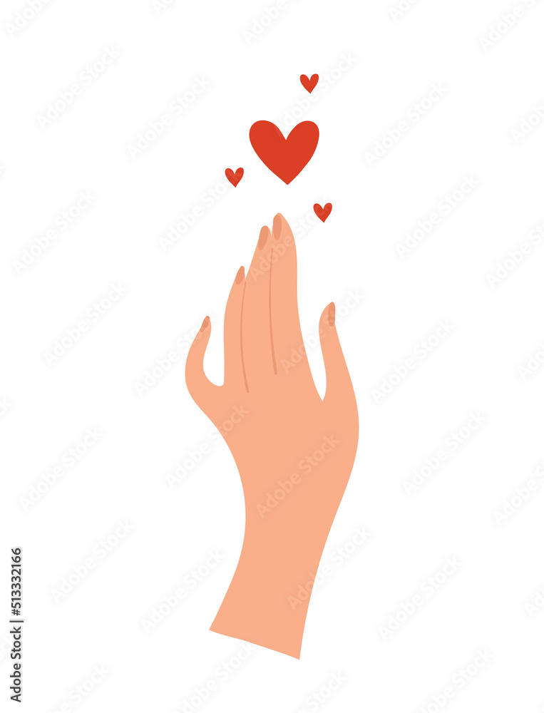 Female hand touches heart symbol, logo for massage, female cosmetics, Valentine s day. Flat cartoon vector illustration isolated. Female hand touches heart symbol, logo for massage, female cosmetics, Valentine s day. Flat cartoon vector illustration isolated.
