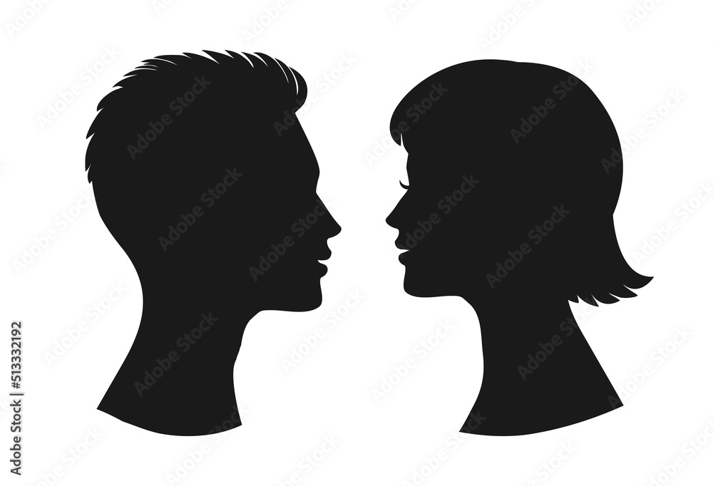 Silhouettes of a man and a woman face to face on an isolated background. Сouple,icon.Lovers.Default avatar profile.EPS10.