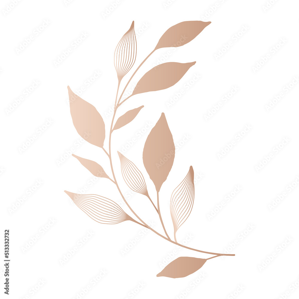 Single golden branch isolated on white. Elegant luxury leaf in minimalist style for invitation card. Single golden branch isolated on white. Elegant luxury leaf in minimalist style for invitation card.