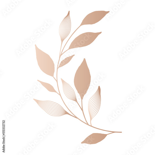 Single golden branch isolated on white. Elegant luxury leaf in minimalist style for invitation card.