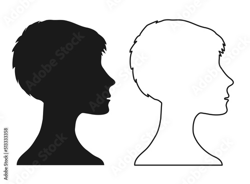 Profile of a young boy or girl with a short haircut .Vector solid and outline silhouettes.Black placeholder photo. Vector illustration,Default avatar profile icon.EPS10.